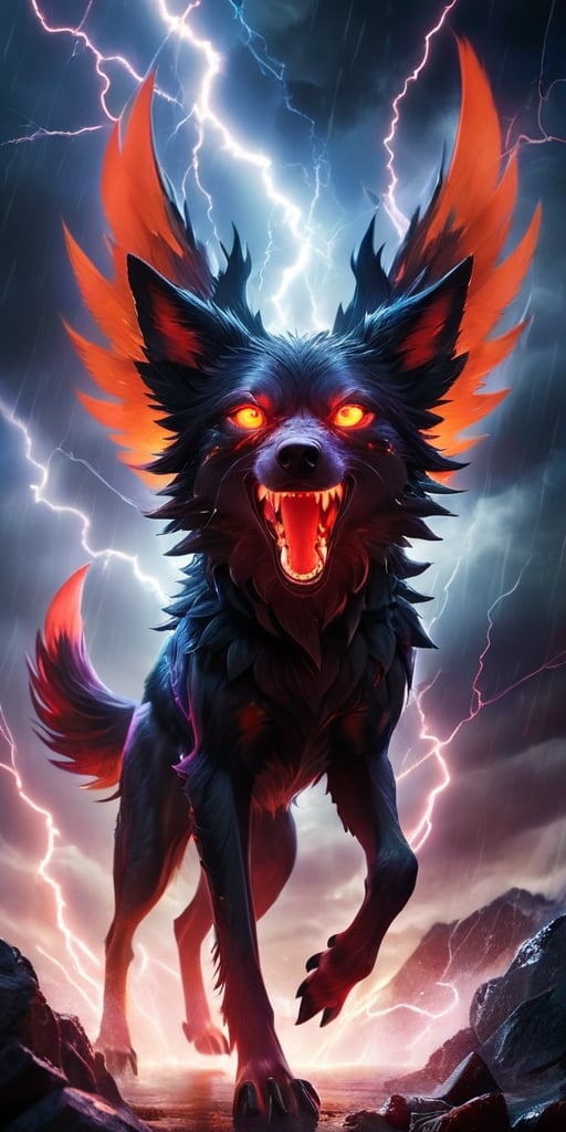 A pack of winged wolf-like creatures with glowing red eyes soar through a raging electrical storm. Their fur crackles with...