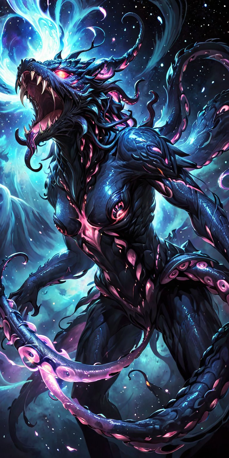 Astral Beast:A fearsome alien beast with tentacles and a bioluminescent glow,  floating in the dark expanse of space. The...