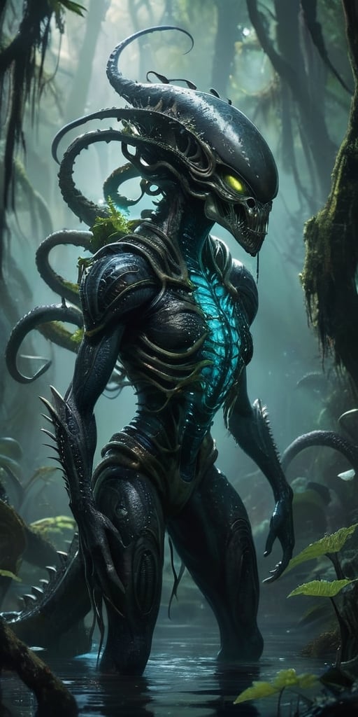 A colossal alien-monster hybrid rises from a bubbling,  toxic swamp on an alien planet. Its body is covered in thick,  arm...