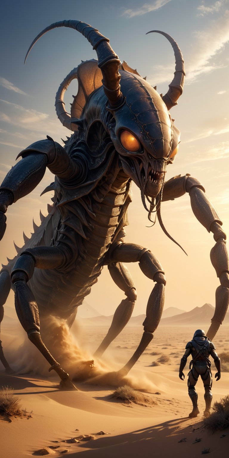 A desolate,  windswept desert stretches as far as the eye can see. A towering alien with sand-blasted carapace faces a mon...