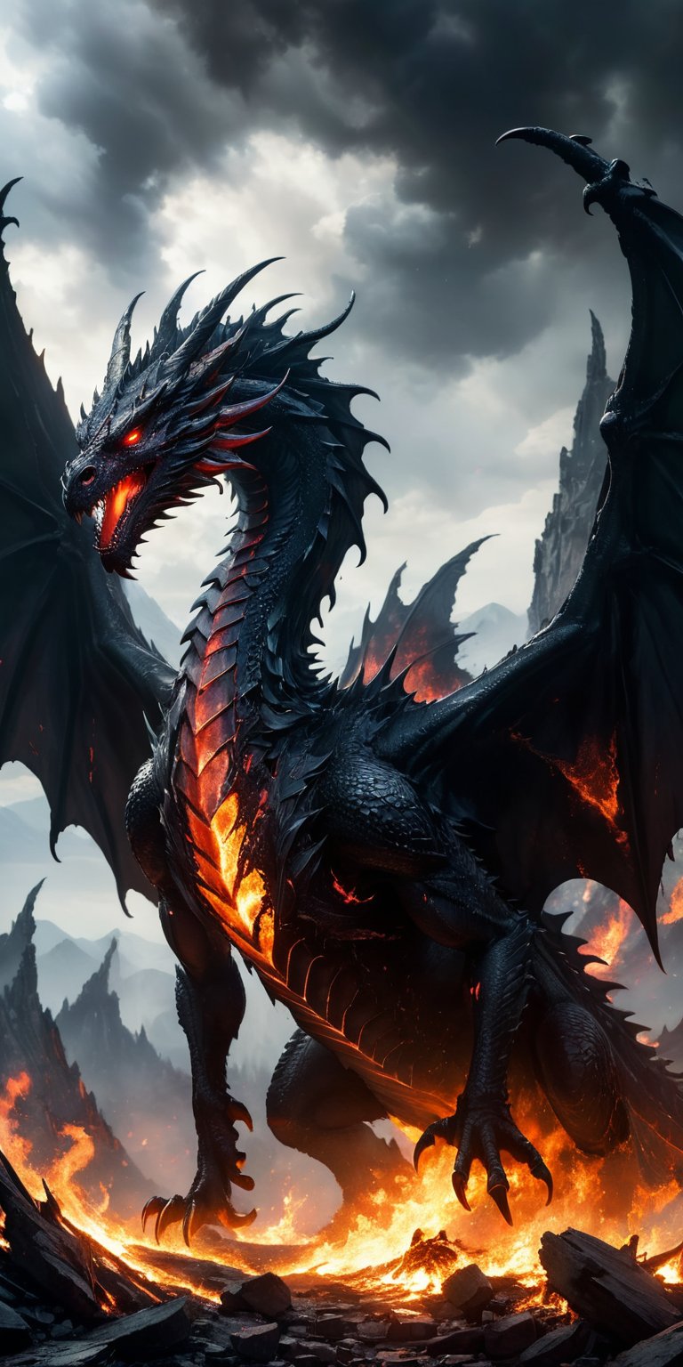 A colossal obsidian dragon with tattered wings,  its glowing red eyes burning with rage as it descends upon a burning vill...