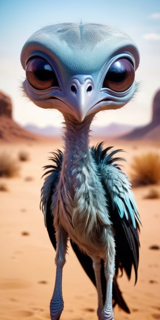 A baby alien with soft,  downy feathers that cover its body. It has a long,  slender neck and a small by Caption Master on...
