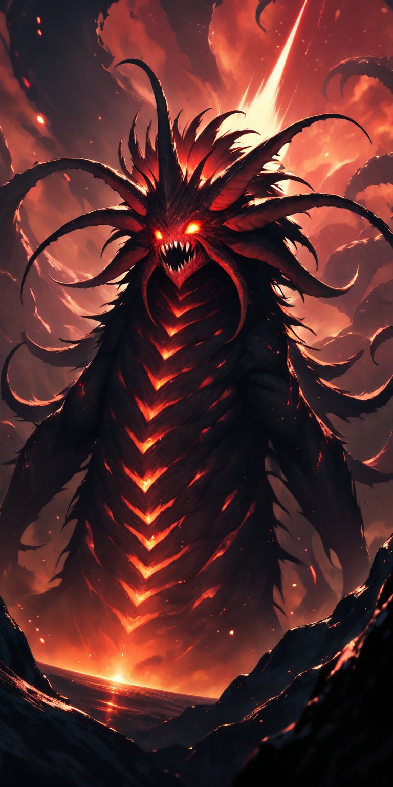 Gargantuan Alien Beast A terrifying alien monster with multiple tentacles, sharp teeth, and glowing red eyes, emerging from the dark abyss of space. The backdrop is a barren, desolate planet with distant stars shining coldly.
