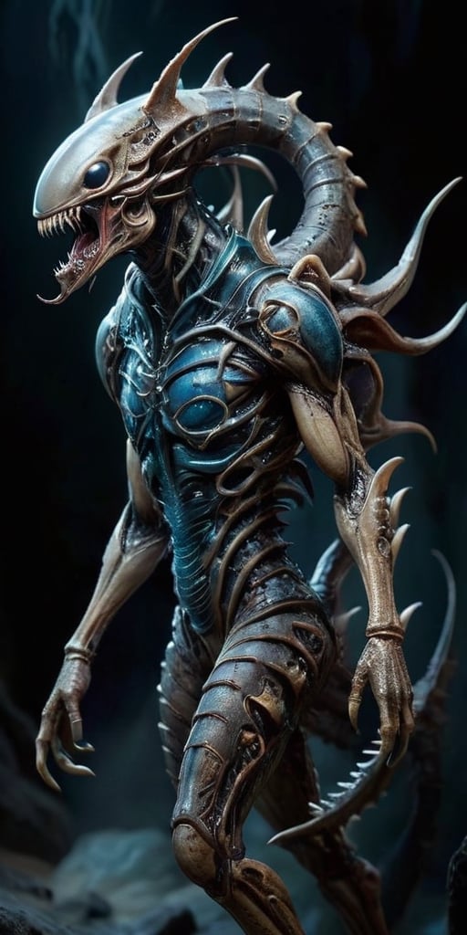 In the vast emptiness of space,  a dreadful hybrid of alien and monster drifts ominously. Its body is grotesquely elongate...