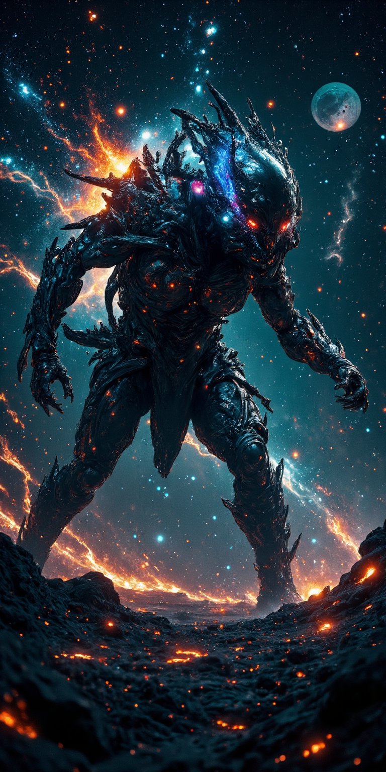A sleek,  alien predator with bioluminescent markings and razor-sharp claws,  stalking through a dense field of stars. The...