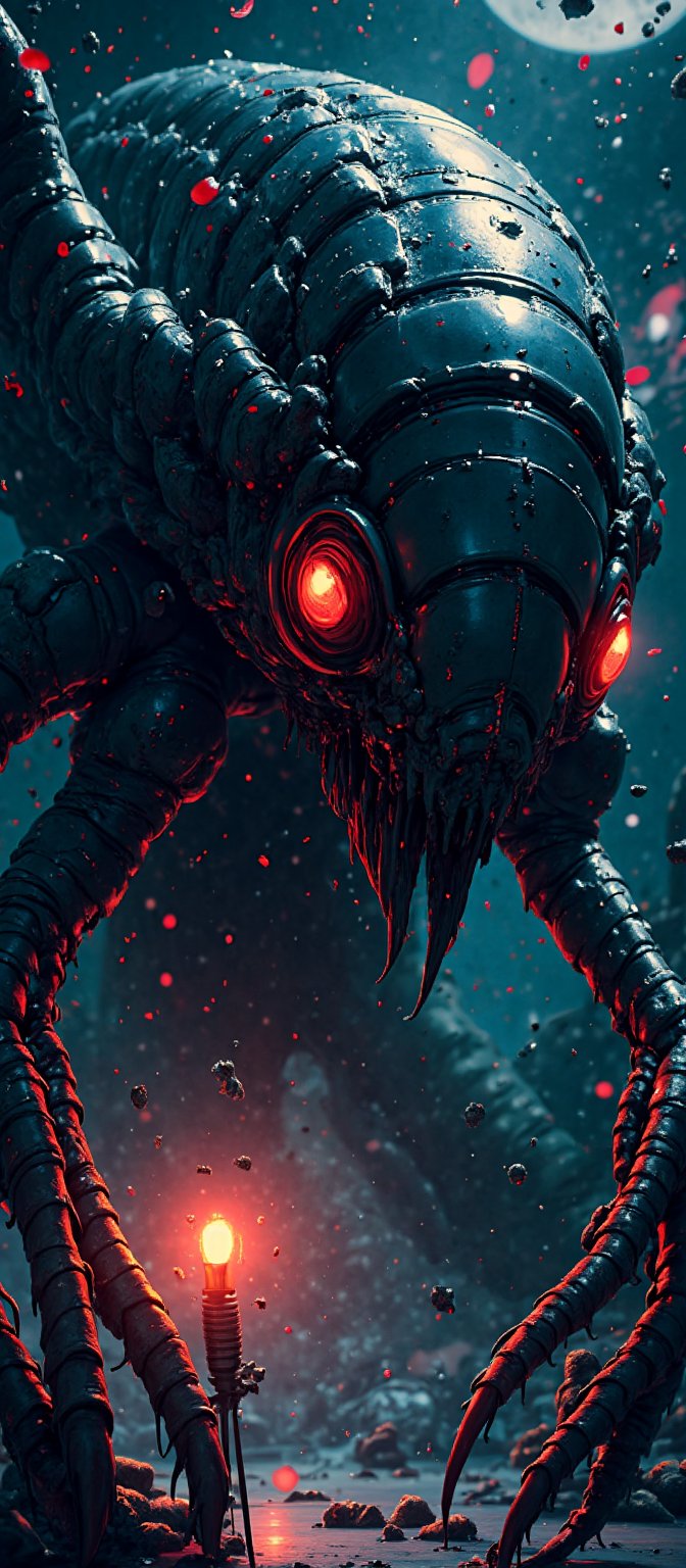 A terrifying alien monster emerges from the shadows of a desolate space station. The creature has a grotesque,  insectoid...