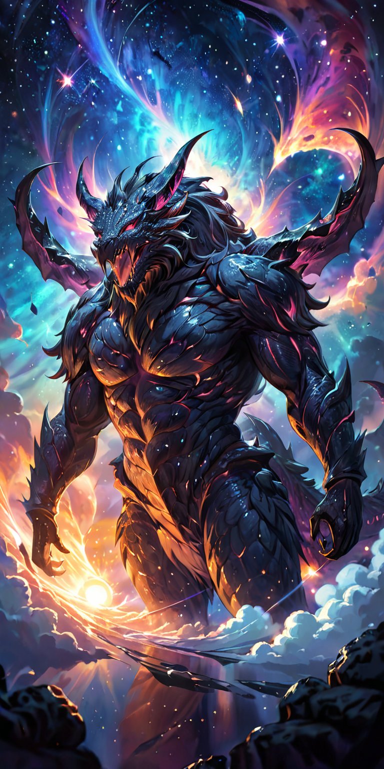 Interstellar Beast:A massive alien beast with scales and horns,  its body partially illuminated by the light of a nearby s...