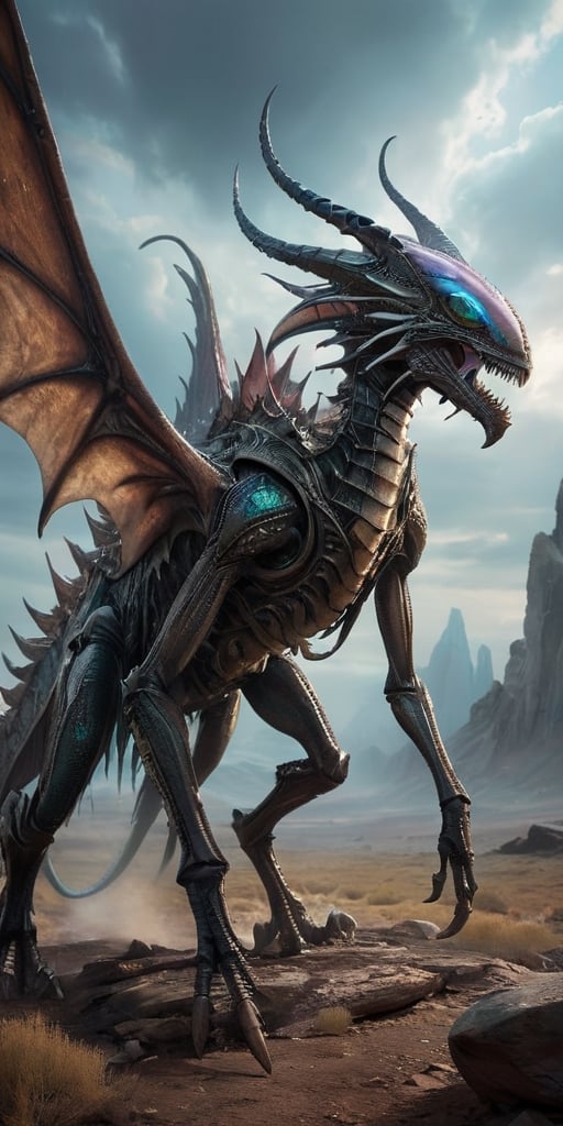 On a barren,  rocky alien planet,  a nightmarish hybrid creature prowls through a field of jagged by Caption Master on Ten...