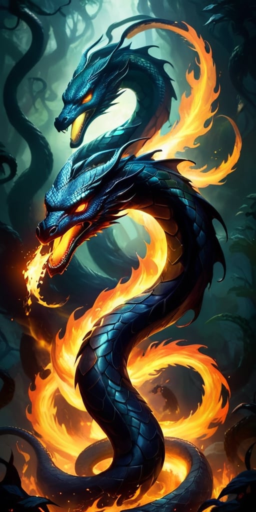 The Shadowflame Hydra A multi-headed serpent,  each head wreathed in shadowy flames,  its eyes glowing with an eerie light...