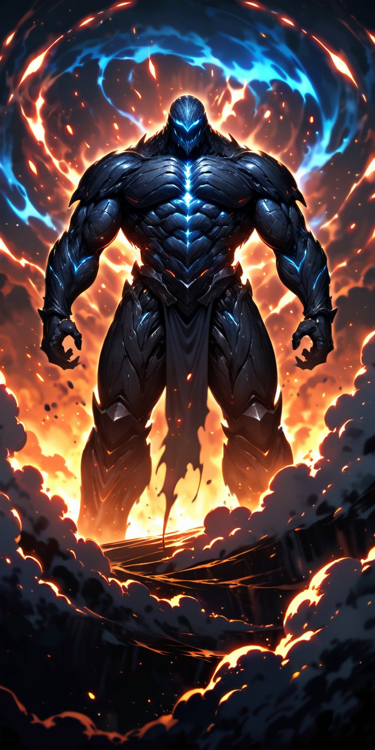 Void Titan:A gigantic alien titan with armored skin and glowing blue veins,  standing against a backdrop of swirling cosmi...