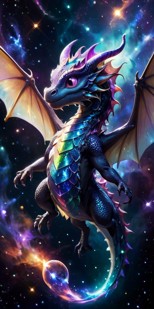 Floating Amongst the Stars A baby dragon with iridescent, cosmic-patterned scales drifts gracefully in the vacuum of space. Its eyes sparkle with stardust, and its tiny claws reach out toward a nearby planet's ring system, bathed in the light of a distant sun.