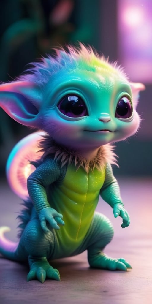 A baby alien with fur that changes color depending on its mood,  ranging from a soft pink when it's content to a vibrant g...