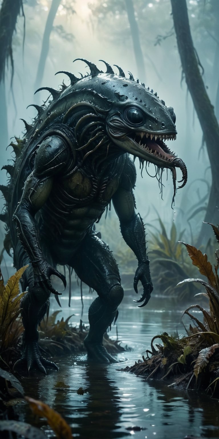 A swamp shrouded in mist hides a horrifying encounter. A leech-like alien with rows of barbed teeth lunges at a monstrous...