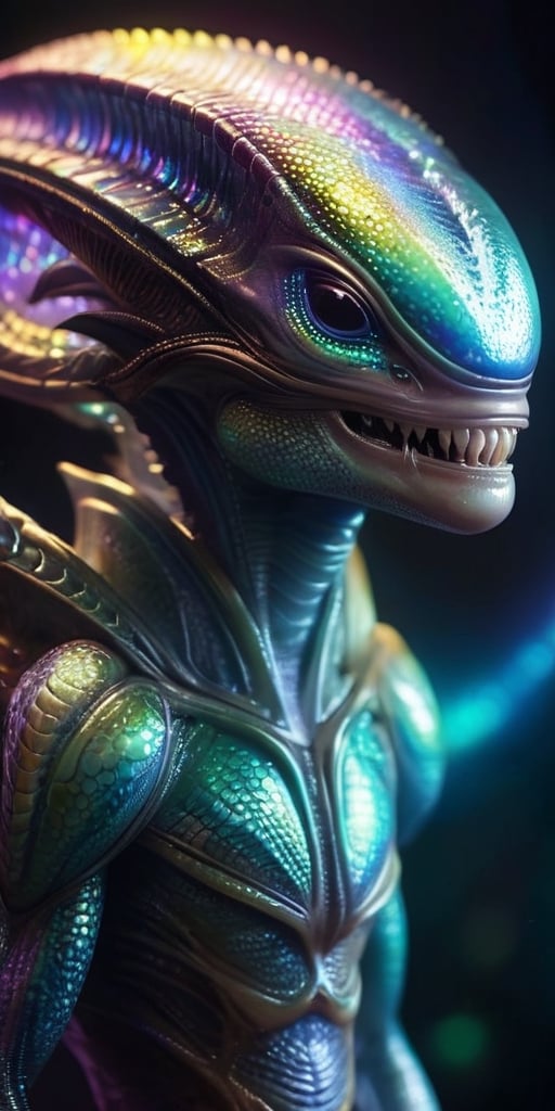 An alien infant with skin that is covered in tiny,  iridescent scales that shimmer in the light. It has a mouth that stret...
