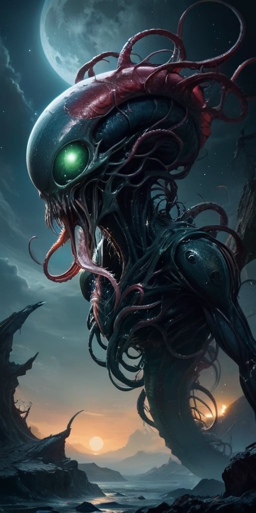 In the silent void of space,  a creature born of nightmares floats menacingly. Its form is a horrifying combination of ali...