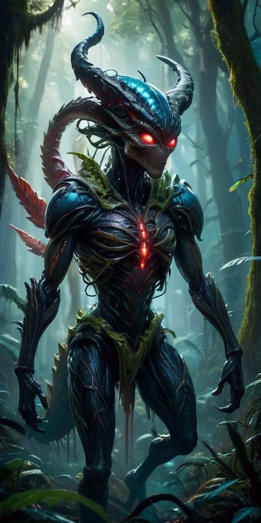 In the heart of a dense,  alien forest,  a monstrous alien hybrid stalks through the undergrowth. Its body is covered in t...