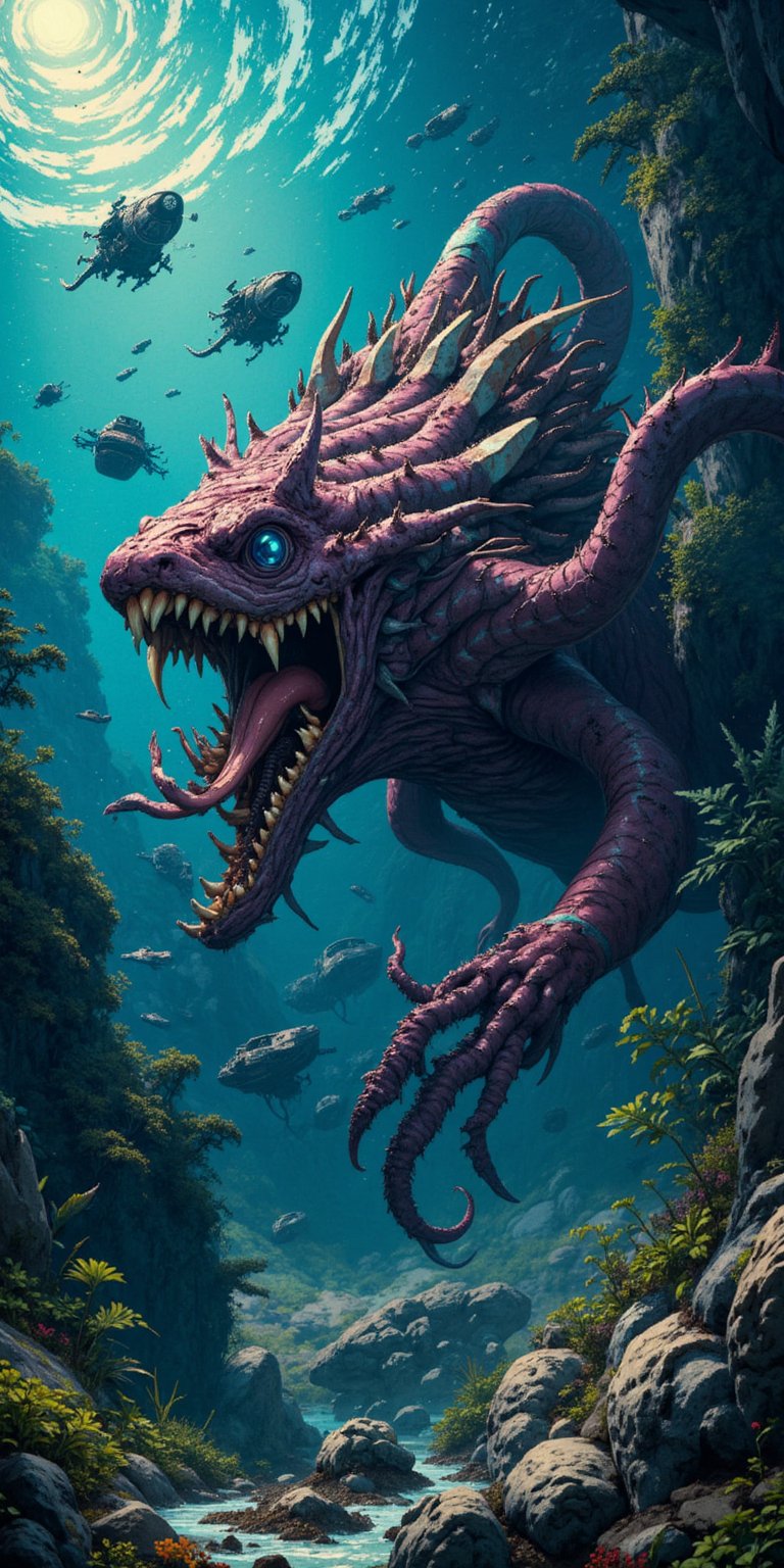 A hideous fusion of alien and monstrous aquatic forms,  swimming through space as its long tentacles and razor-sharp teeth...