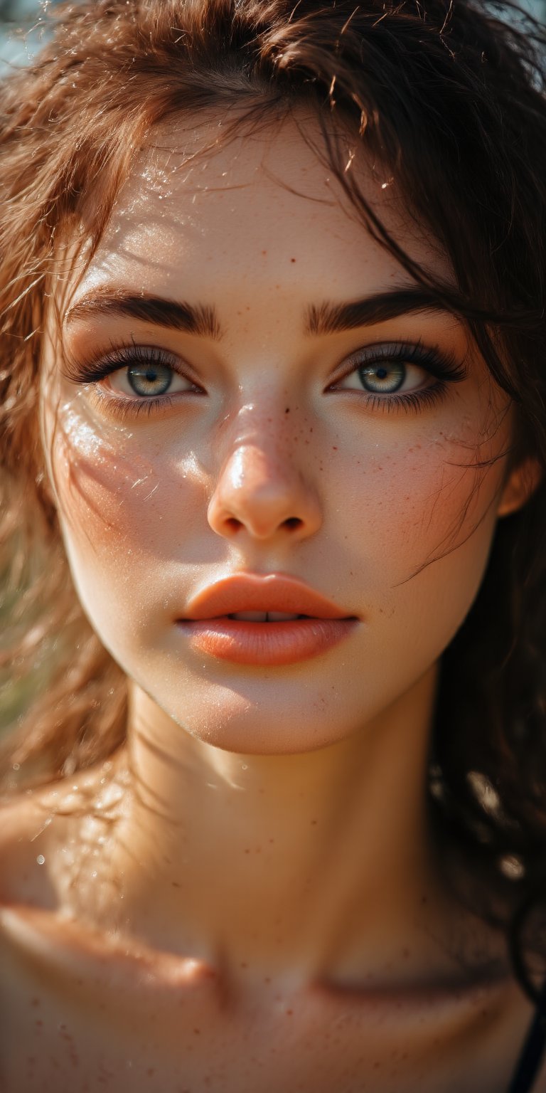 A portrait of a woman with radiant natural beauty, her face illuminated by soft sunlight, loose curls framing her face, no visible makeup, and a background of light bokeh with nature tones.