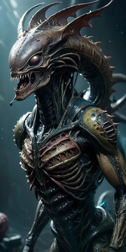 In the vast emptiness of space,  a dreadful hybrid of alien and monster drifts ominously. Its body is grotesquely elongate...