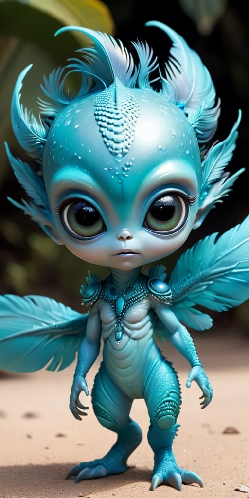 An alien infant with a body that is covered in tiny,  feather-like scales that rustle softly in the breeze. It has large,...