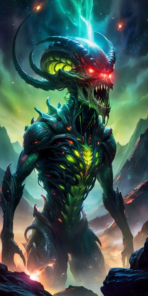 Create an image of a dangerous alien monster in space,  towering over a desolate alien landscape with dark,  armored scale...