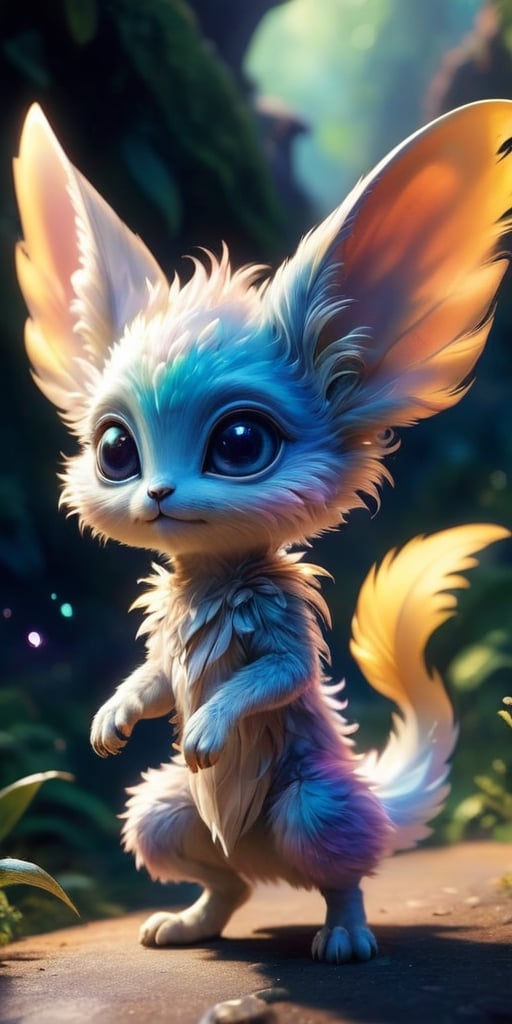 A baby alien with fluffy,  feather-like fur that ruffles in the breeze. It has large,  floppy ears that twitch with curios...