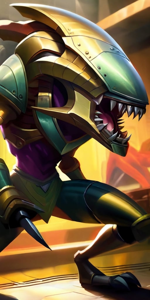 A creature with a body covered in sharp,  metallic plates that clank and clang as it moves. It has a large,  gaping maw fi...