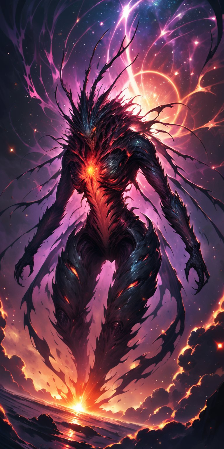 Cosmic Terror:A monstrous alien entity with an insect-like body and luminescent patterns across its exoskeleton. It's posi...