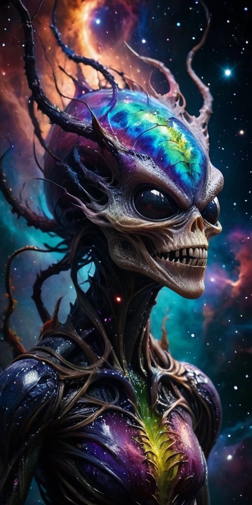 Amidst the cosmic backdrop of a distant star cluster,  a horrifying creature takes shape,  blending alien and monstrous fe...