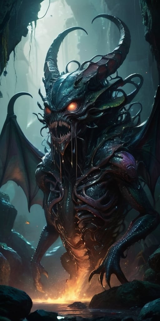 In the depths of a dark,  cavernous alien world,  a monstrous alien hybrid slithers through the shadows. Its body is a gro...