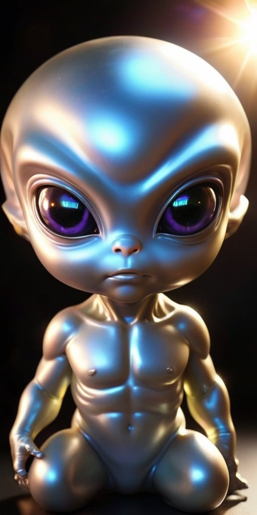 An alien infant with a smooth,  metallic skin that glints in the sunlight. It has a head that is shaped like a perfect sph...