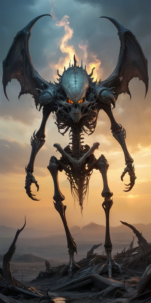 Roaming the barren,  ash-covered wasteland of a post-apocalyptic world,  a towering alien abomination with skeletal wings...