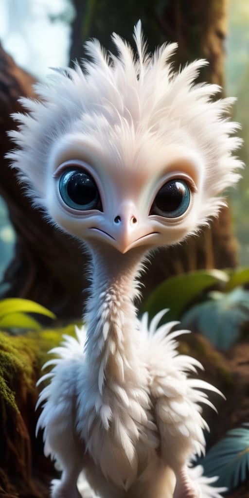 A baby alien with soft,  downy feathers that cover its body. It has a long,  slender neck and a small by Caption Master on...