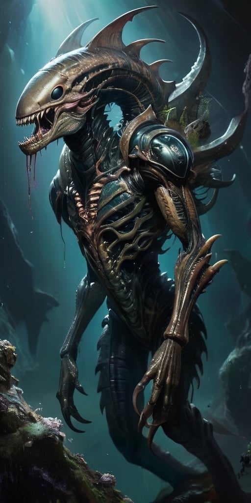 In the vast emptiness of space,  a dreadful hybrid of alien and monster drifts ominously. Its body is grotesquely elongate...