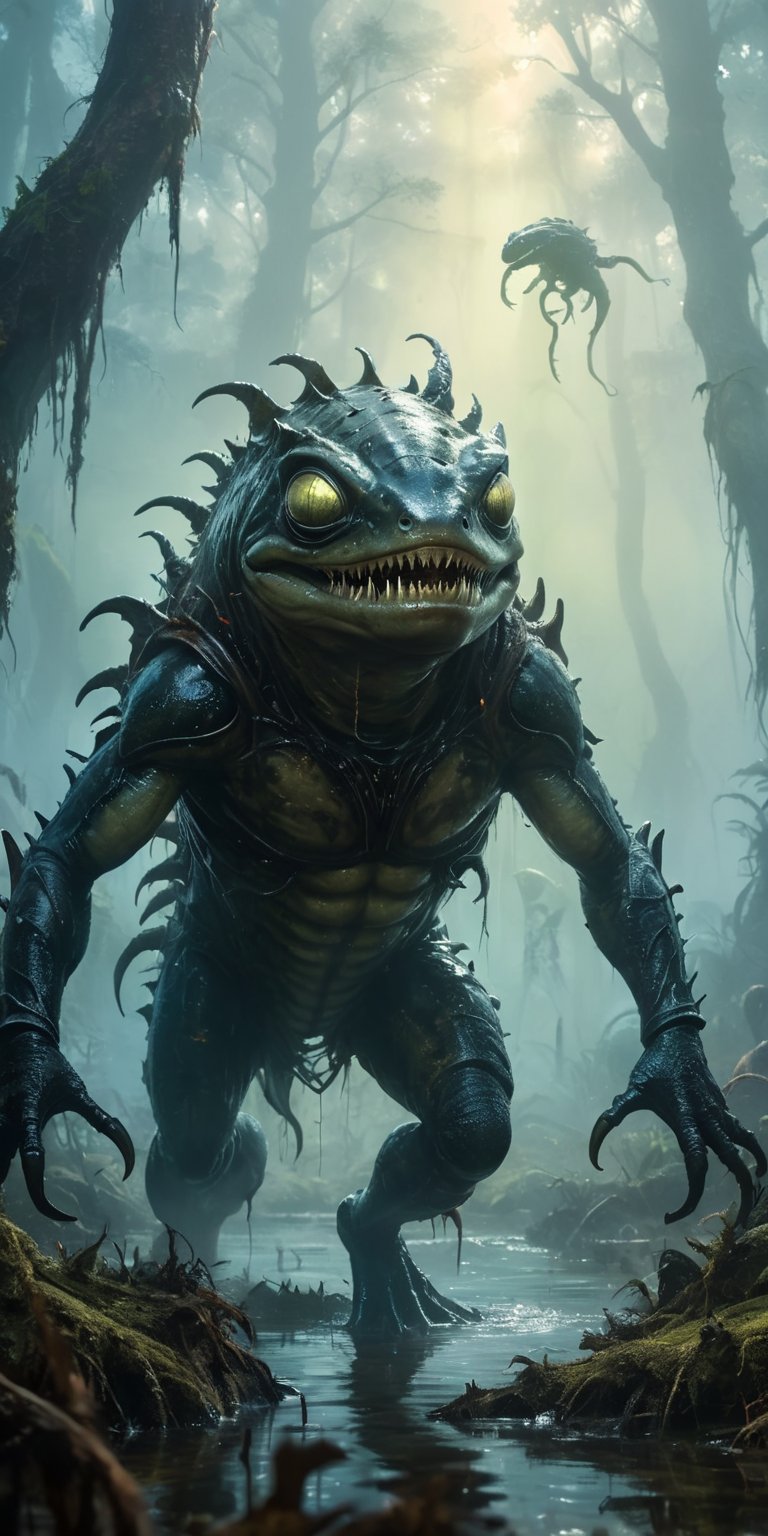 A swamp shrouded in mist hides a horrifying encounter. A leech-like alien with rows of barbed teeth lunges at a monstrous...