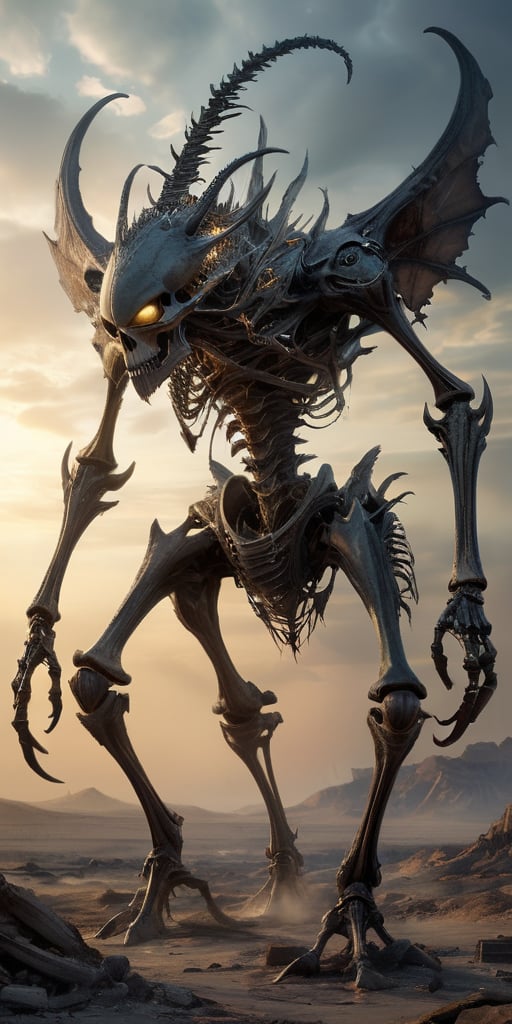 Roaming the barren,  ash-covered wasteland of a post-apocalyptic world,  a towering alien abomination with skeletal wings...