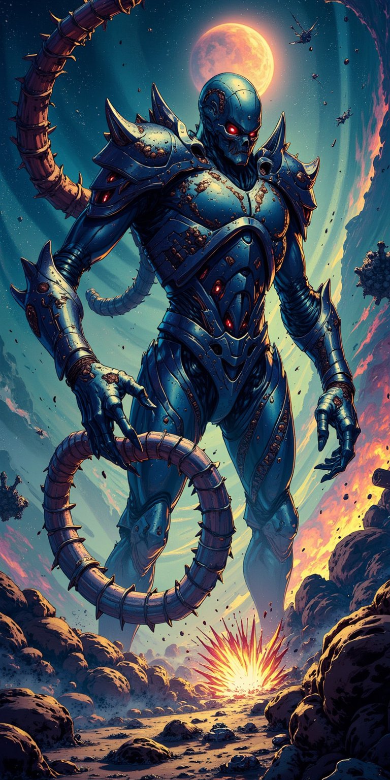 A colossal alien creature with metallic armor fused into its grotesque body,  tearing apart a space station with tentacles...