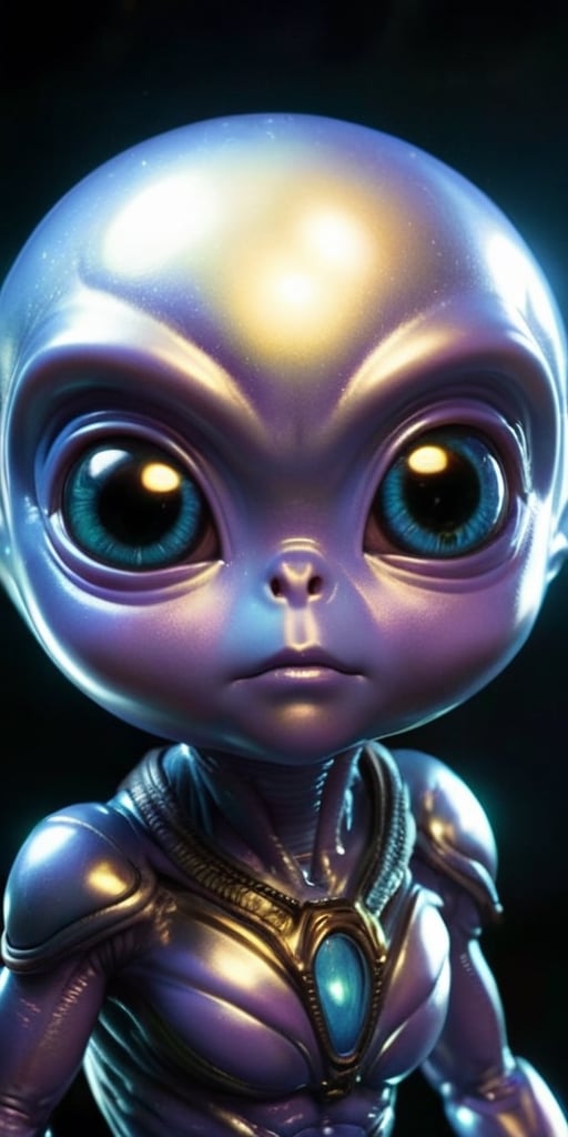 An alien infant with a smooth,  metallic skin that glints in the sunlight. It has a head that is shaped like a perfect sph...