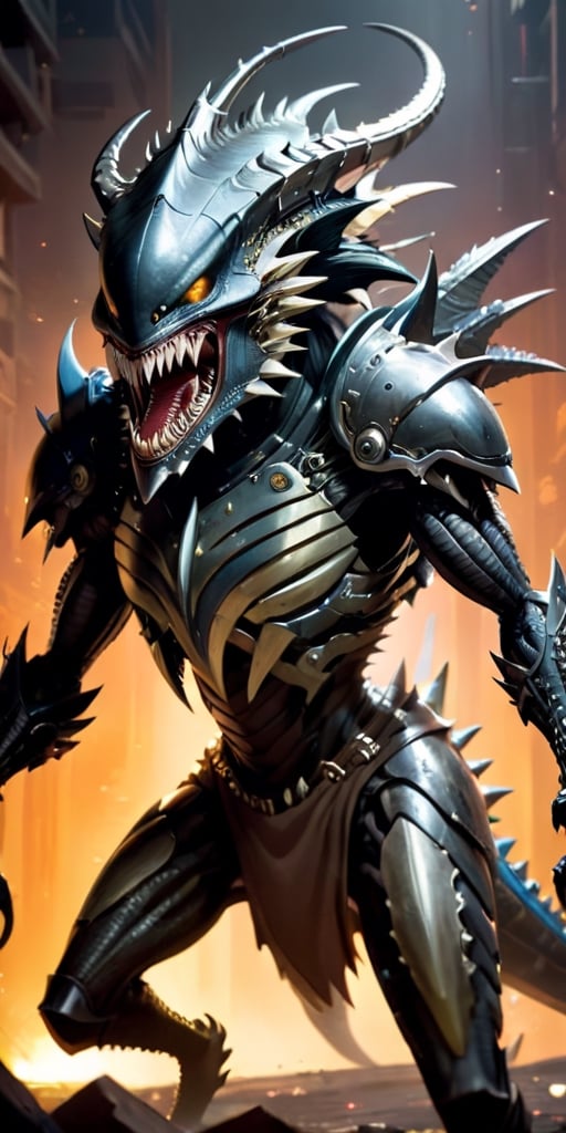 A creature with a body covered in sharp,  metallic plates that clank and clang as it moves. It has a large,  gaping maw fi...