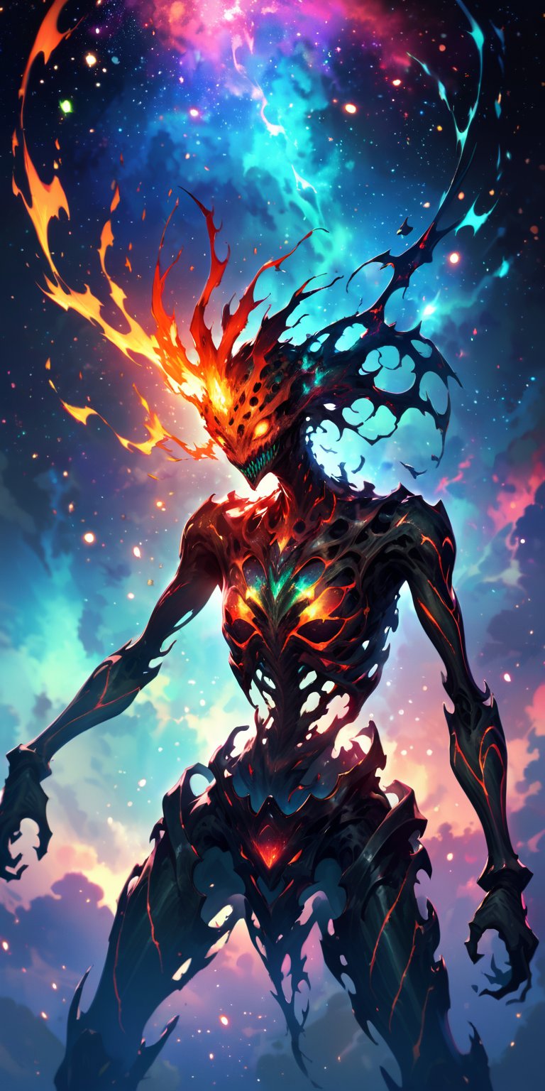 Nebula Fiend:A terrifying alien fiend with a skeletal frame and glowing,  fiery eyes,  emerging from the colorful gases of...