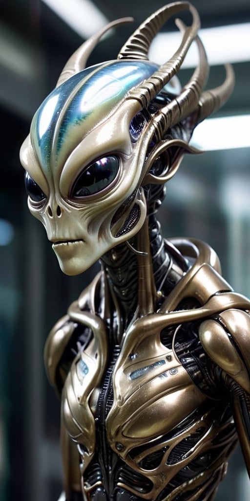A humanoid alien with metallic skin that constantly shifts and changes colors,  camouflaging it in its surroundings. Its l...