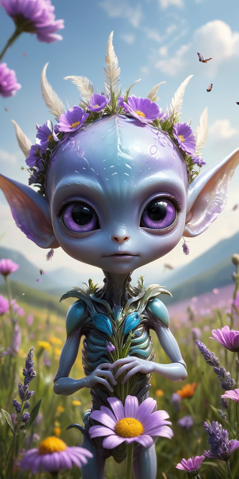 In a vibrant meadow filled with flowers that seem to hum with life,  a baby alien with smooth,  lavender skin and oversize...