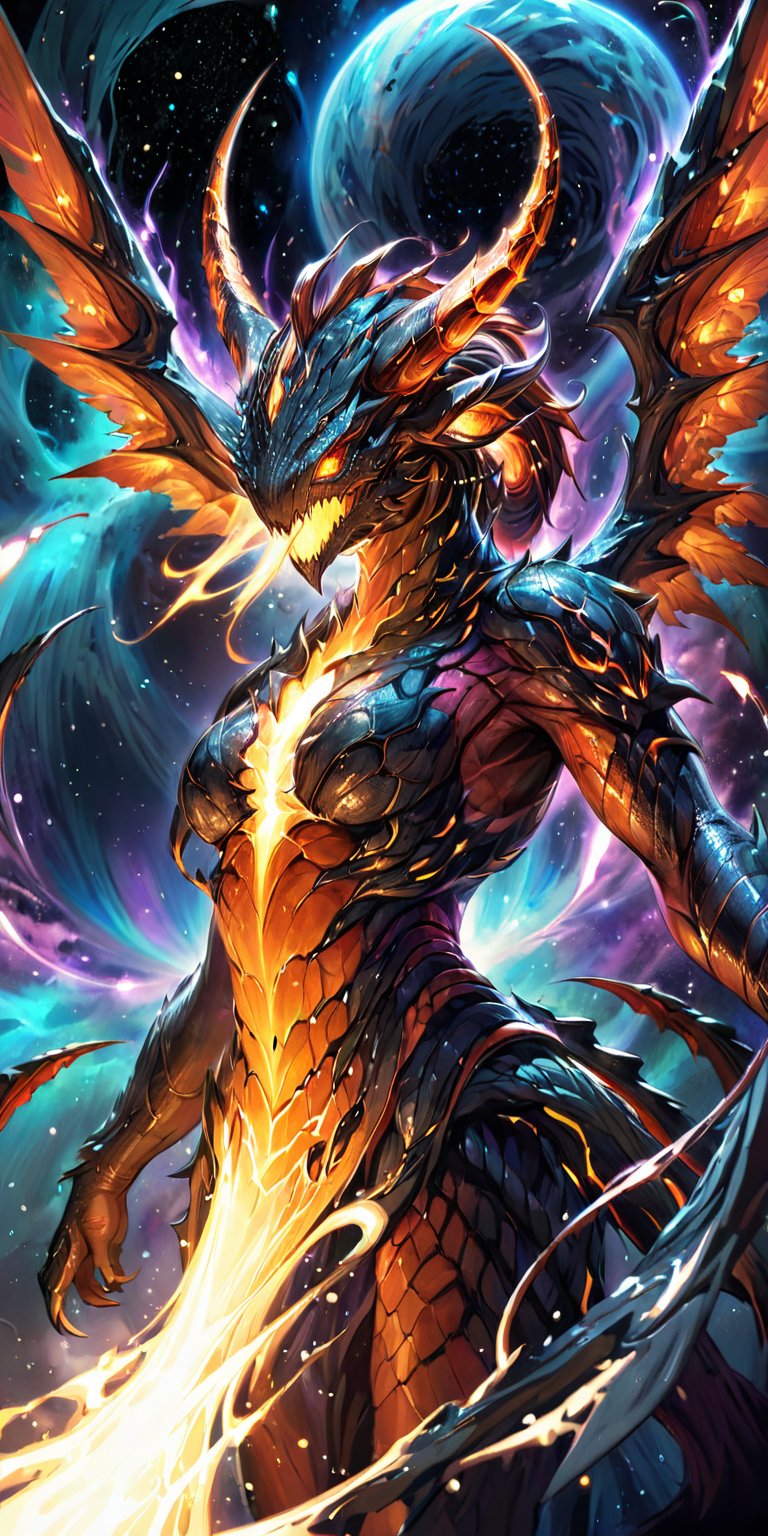 Stellar Menace A monstrous alien with a reptilian body, enormous wings, and a head adorned with sharp horns. Its skin shimmers with an otherworldly hue as it soars through space, leaving a trail of cosmic energy in its wake.
