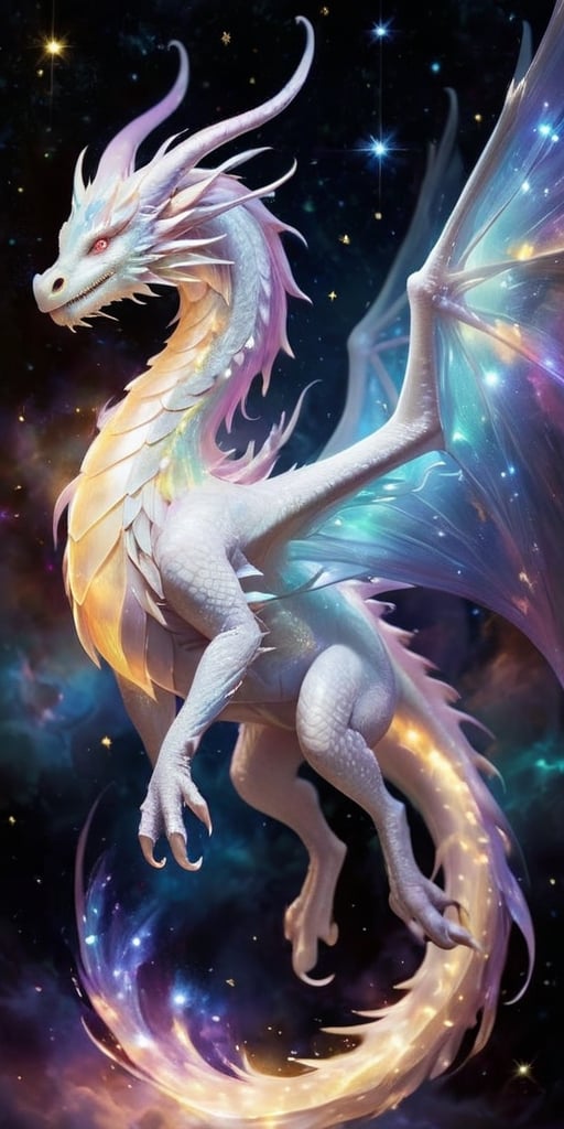 A celestial dragon,  its body a luminous pearl white,  shimmering with the light of distant stars. Its wings are expansive...