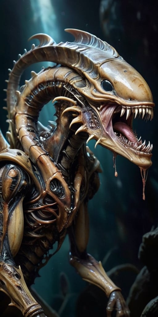 In the vast emptiness of space,  a dreadful hybrid of alien and monster drifts ominously. Its body is grotesquely elongate...
