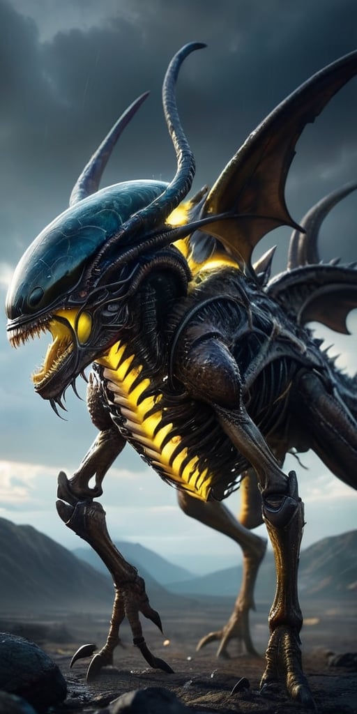 On a desolate,  windswept alien landscape,  a monstrous alien hybrid stalks its prey. Its body is covered in thick by Capt...