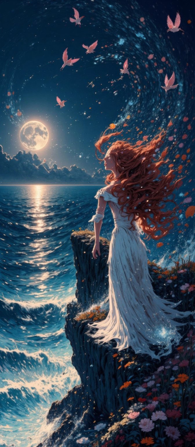 A young woman with flowing auburn hair stands on a cliff overlooking a shimmering,  enchanted sea. She wears a simple,  fl...