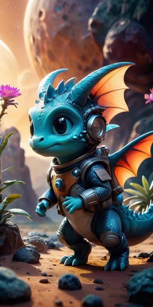 Space Adventure A baby dragon wearing a tiny spacesuit explores the surface of a mysterious planet. Behind it, a spaceship hovers, ready to take off. The dragon's curiosity is evident as it examines strange, glowing rocks and alien plants.