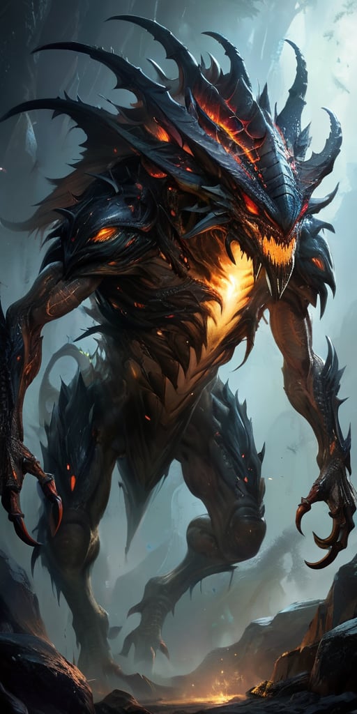 Emerging from a shadowy rift in the earth,  a colossal alien beast with a grotesque,  segmented body covered in hardened b...