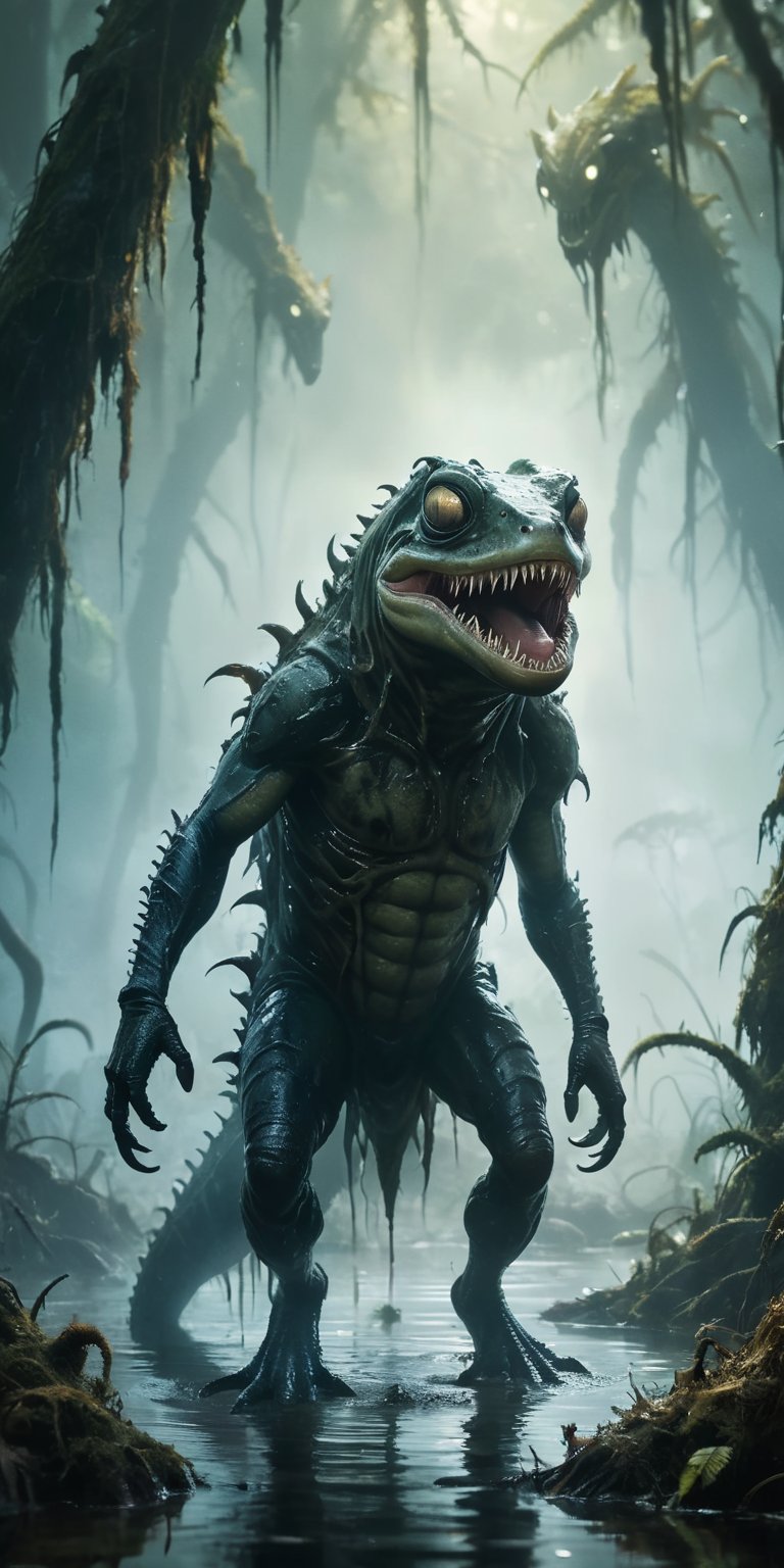 A swamp shrouded in mist hides a horrifying encounter. A leech-like alien with rows of barbed teeth lunges at a monstrous...